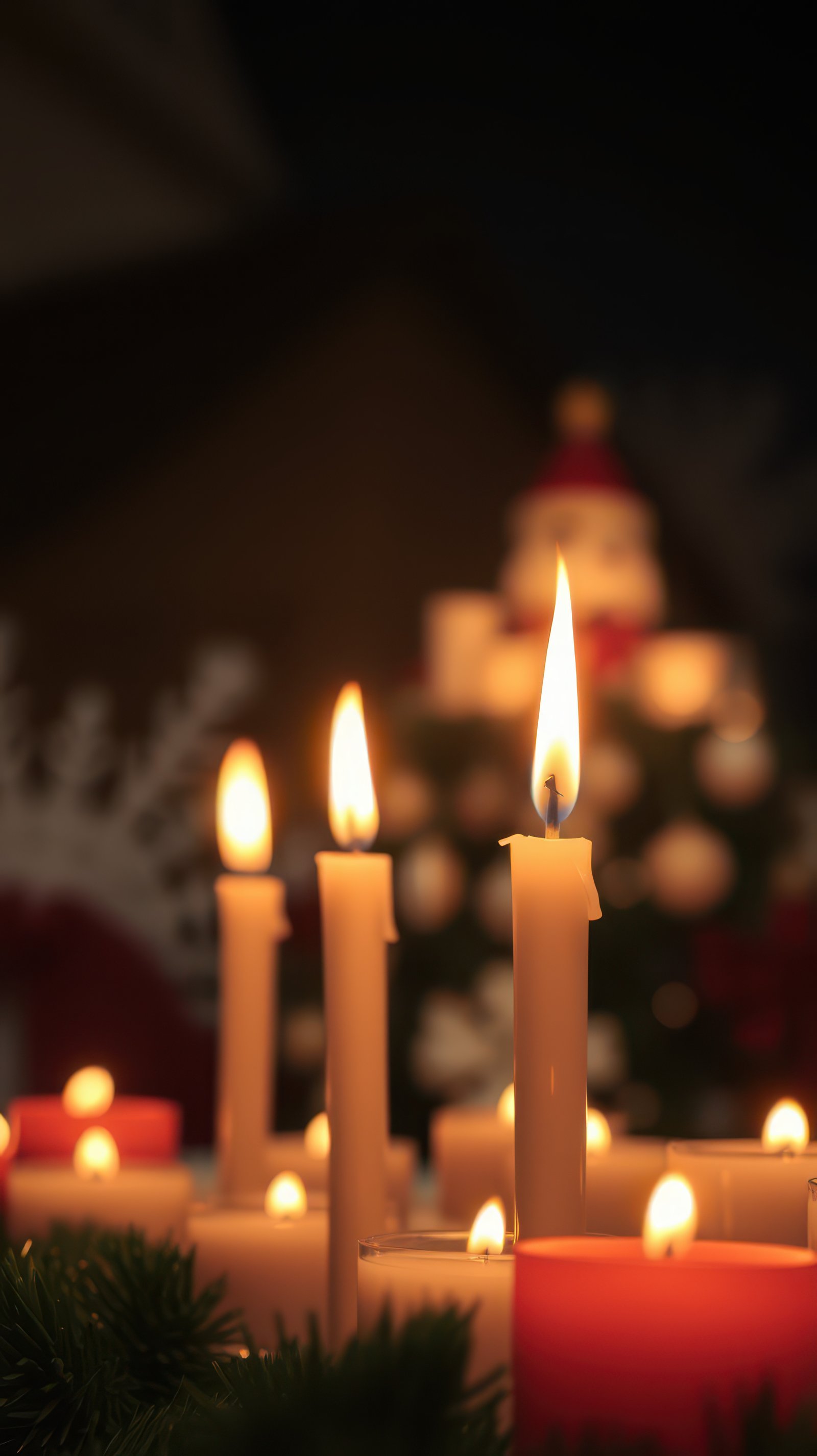 Candlelight shines in a festive setting adorned with decorations during the holiday season